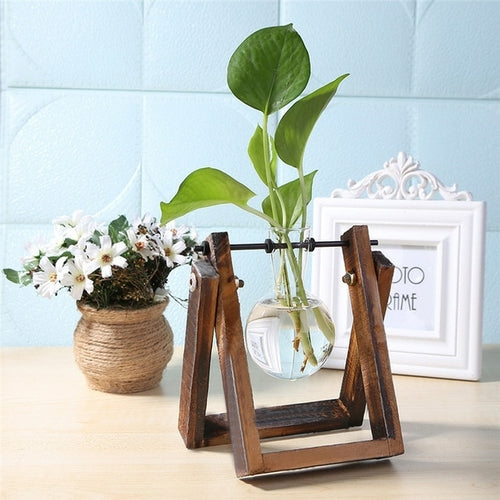 Glass and Wood Vase Planter Terrarium Table Desktop Hydroponics Plant