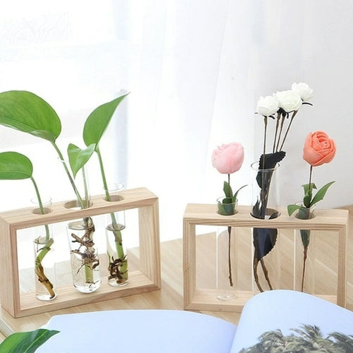 Glass and Wood Vase Planter Terrarium Table Desktop Hydroponics Plant