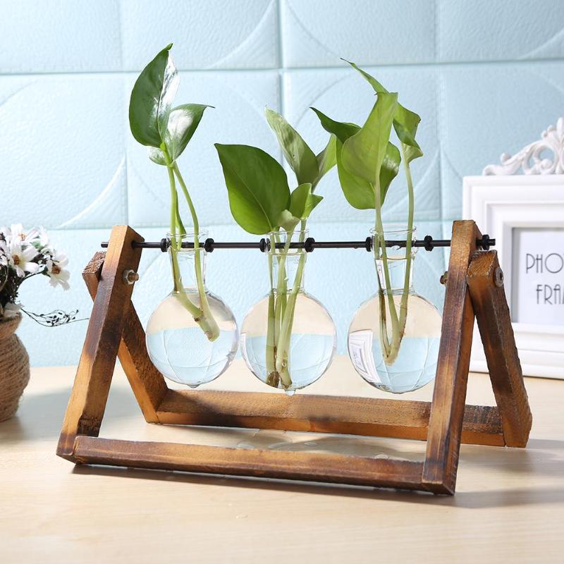 Glass and Wood Vase Planter Terrarium Table Desktop Hydroponics Plant