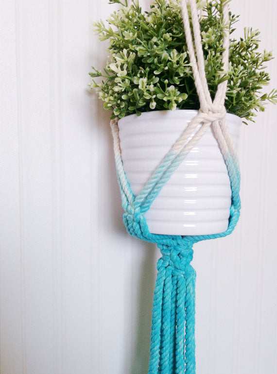 Macrame Plant Hanger, Dip-Dye, Aquamarine